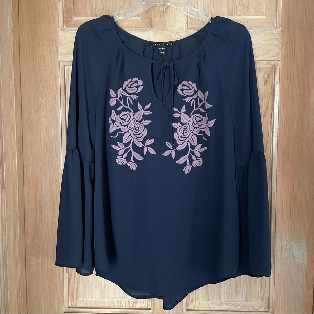 Como Black Embroidered with Ruffle Sleeves Medium